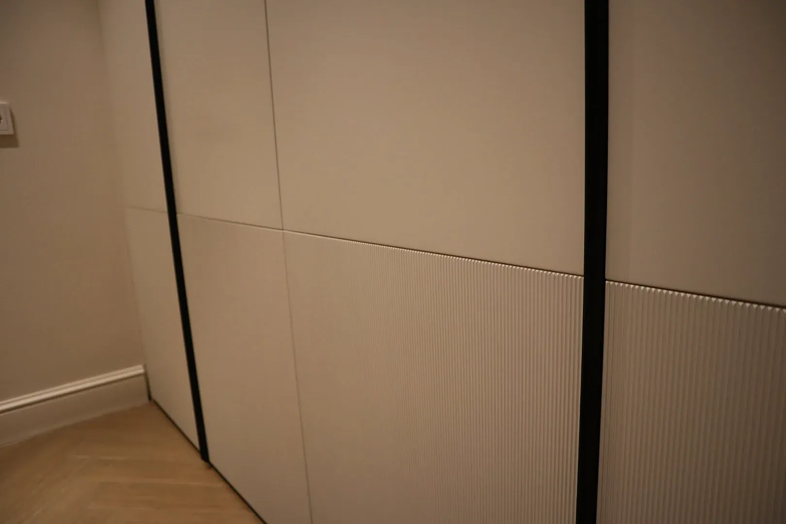 Handleless painted-MDF fronts on a built-in wardrobe — Futurium project on Kavtaradze