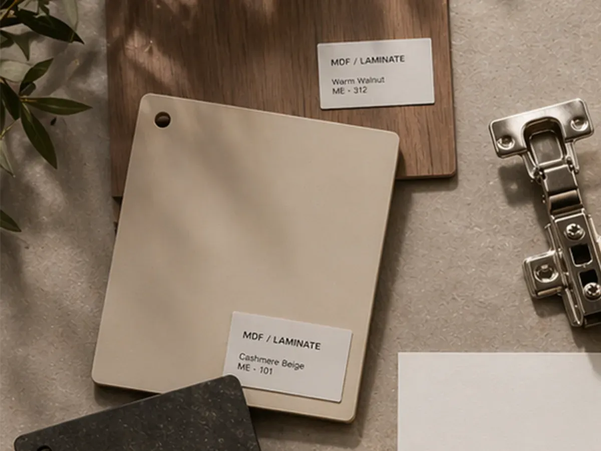 MDF and laminate samples — Warm Walnut and Cashmere Beige